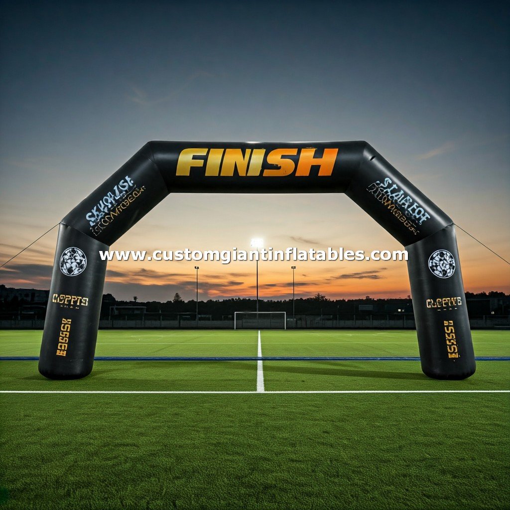 a inflatable finish black arch on a football field