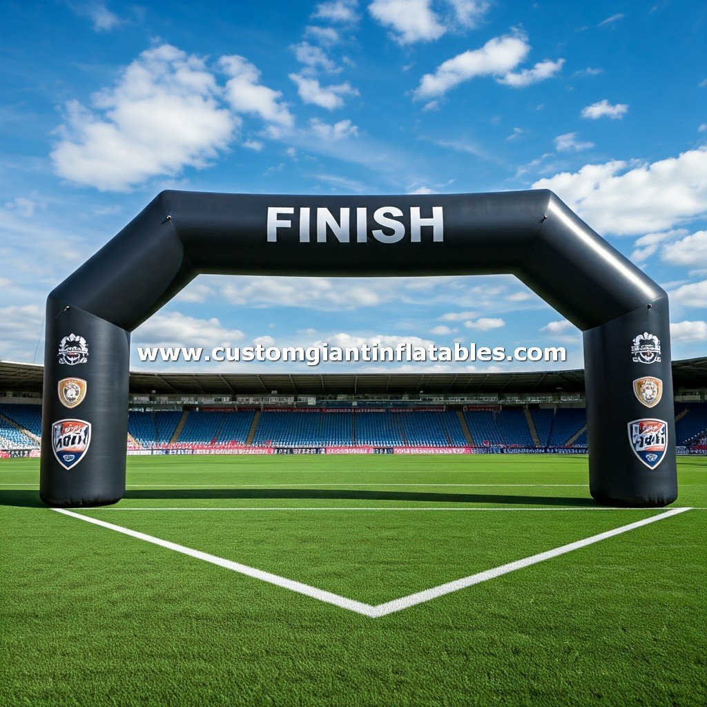 a black inflatable finish arch on a football field