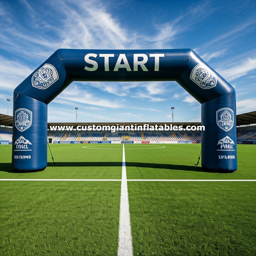 a inflatable start blue archway on a football field